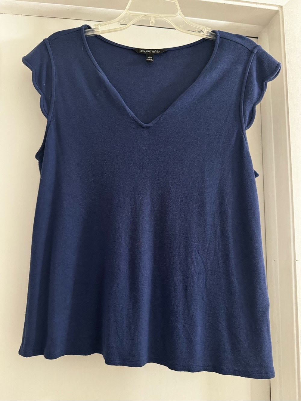 41 Hawthorn NavyV-Neck Blouse with Scalloped short sleeves.